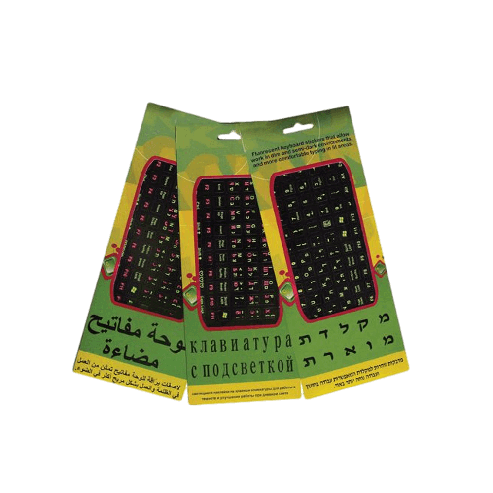 סט מדבקות אותיות זוהרות למקלדת בצבע שחור אנגלית – עברית – רוסית