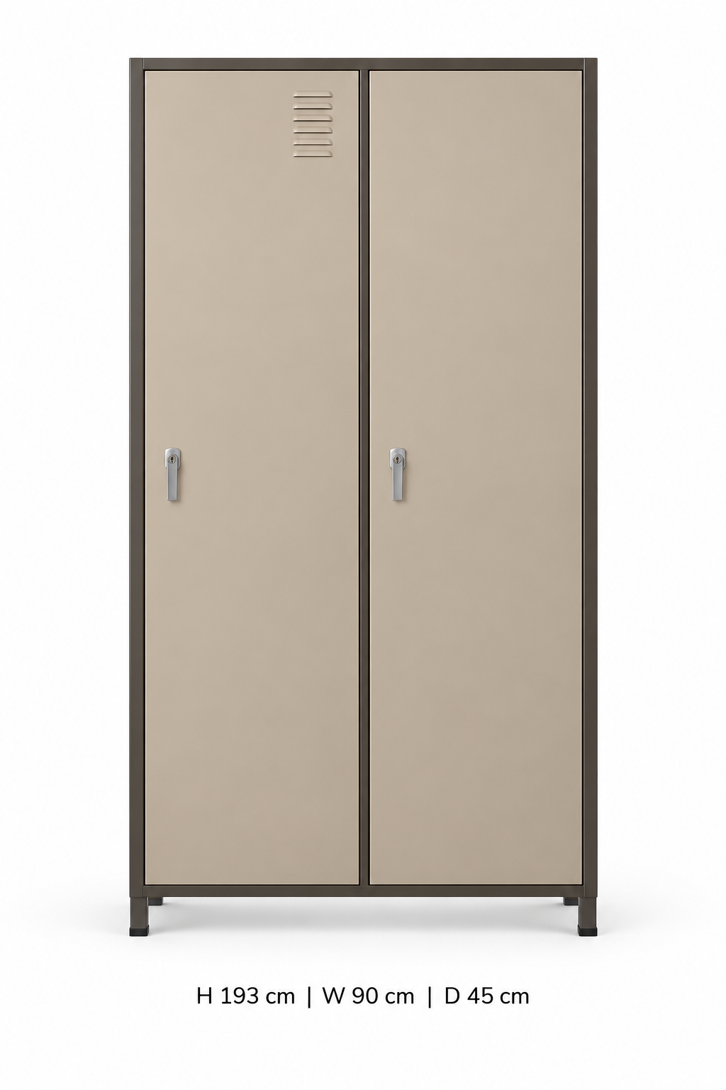 Tall beige two-door metal locker cabinet