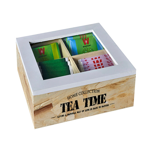 מארז עץ לתה TEA TIME – 4 תאים עם מכסה זכוכית