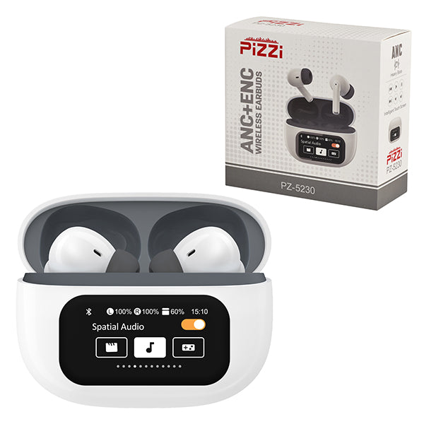 אוזניות איכותיות EarBuds F11 PiZZi אלחוטיות Bluetooth עם מסך טאץ´ ותצוגה בעברית ובית טעינה קומפקטי