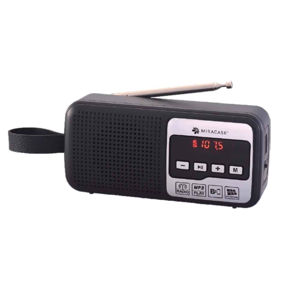 רדיו FM דיגיטלי עם BLUETHOOTH וטעינה סולארית בצבע כסף-שחור