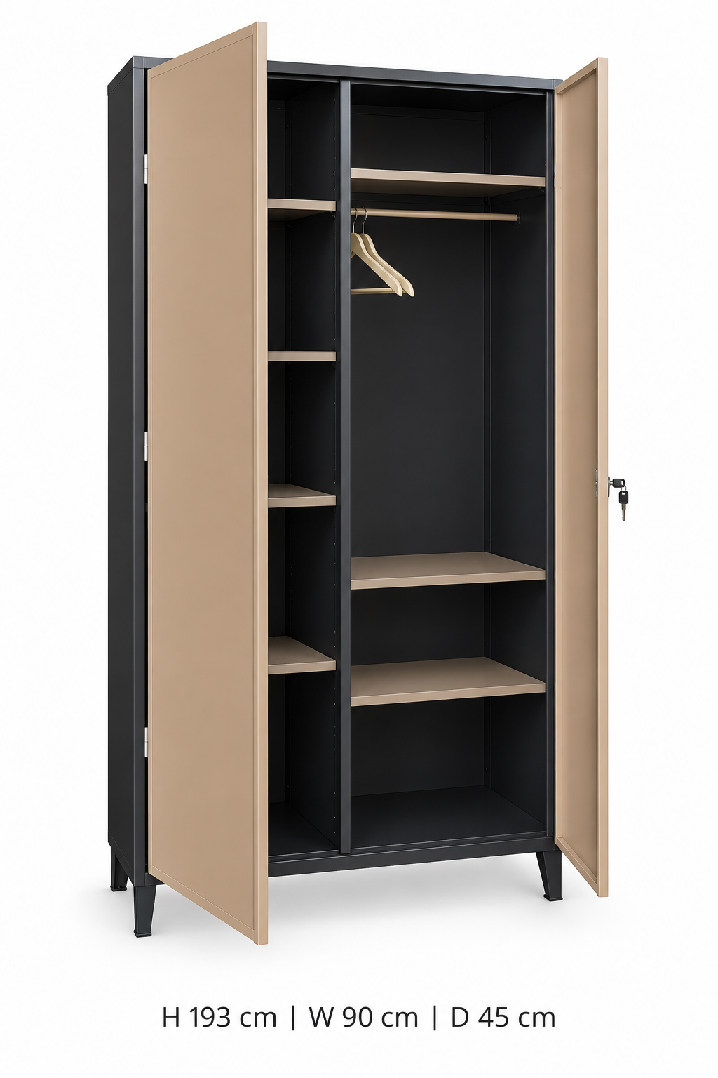 Open two-door beige wardrobe