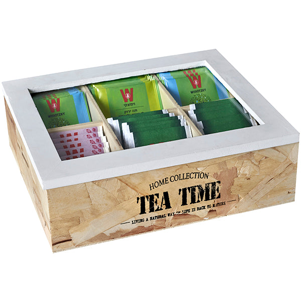 מארז עץ לתה TEA TIME – 6 תאים עם מכסה זכוכית